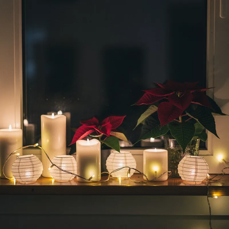 Velas y farolitos en la ventana