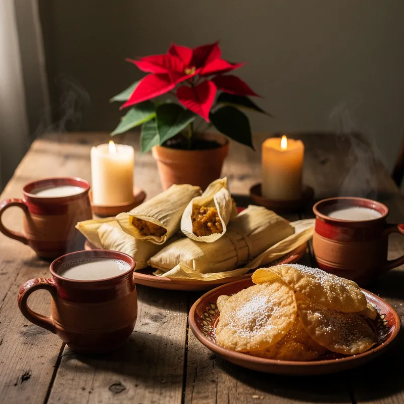 Tamales, buñuelos y atole en la mesa