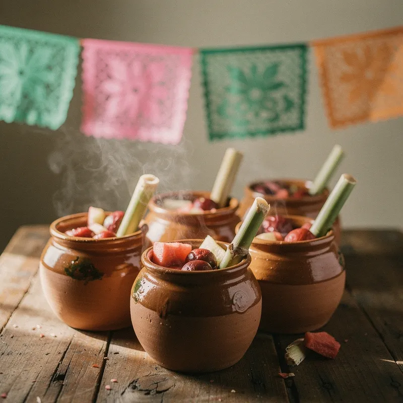 Canecas de barro com ponche sob o papel picado